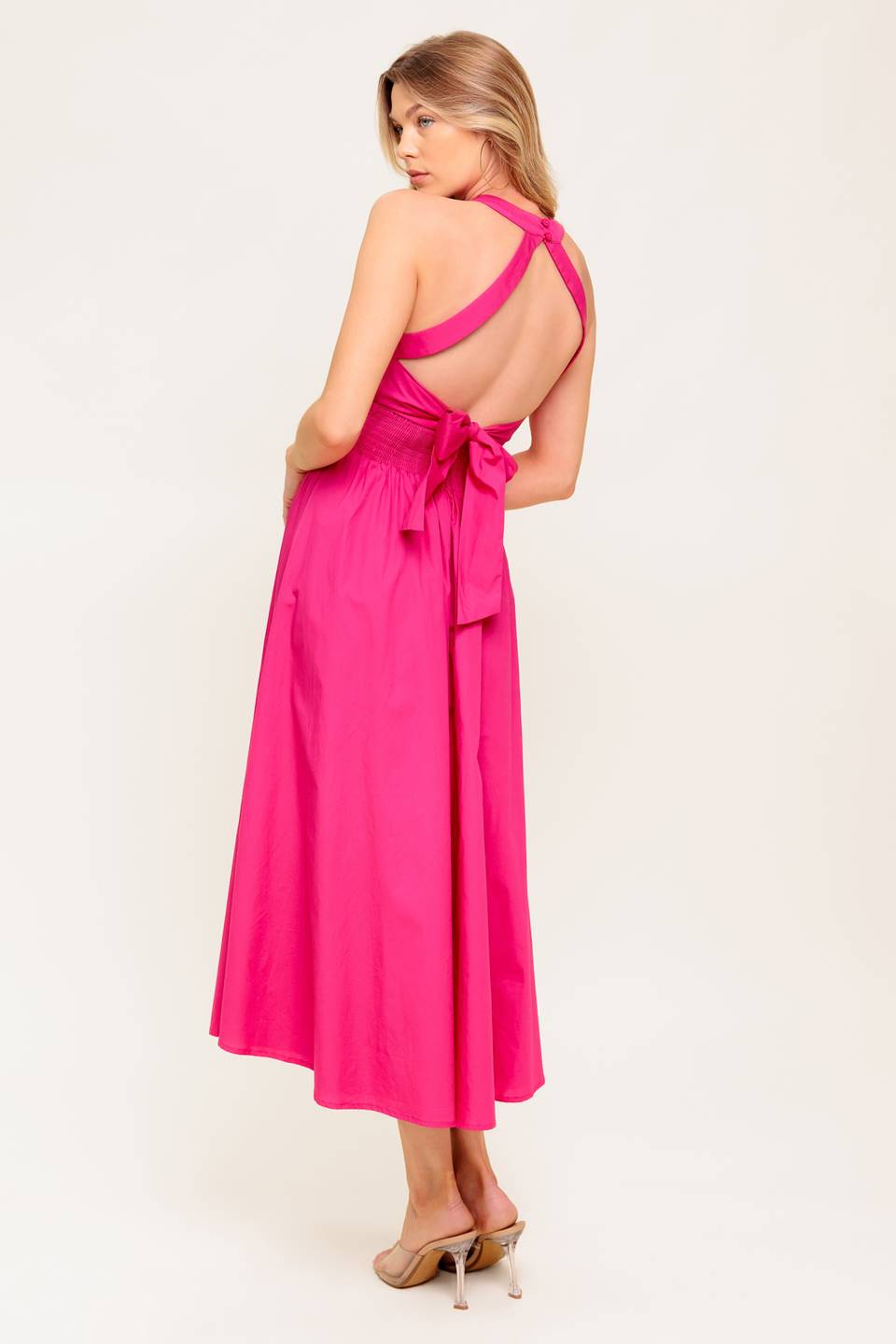PEONY TOUCH FUCHSIA WOVEN MIDI DRESS Flying Tomato
